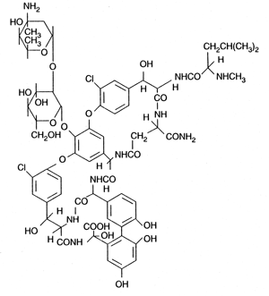 Structure of vancomycin, an antibiotic.