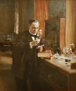 Painting of Louis Pasteur in his laboratory