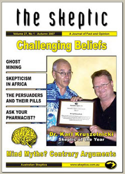 The cover of the Autumn 2007 issue of The Skeptic, showing Dr Karl Kruszelnicki receiving the Skeptic of the Year award for 2007.