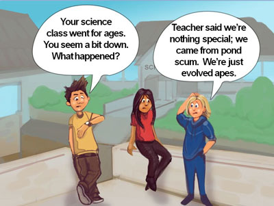 Cartoon on how teaching self-esteem is needed because of evolutionary indoctrination in schools