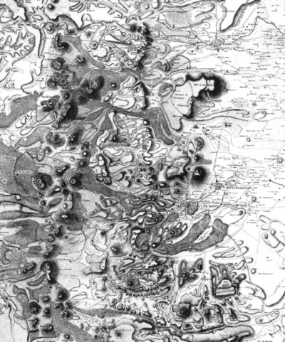  Map of Auvergne region by Nicolas Desmarest (1771) showing volcanic features and eroded river valleys.