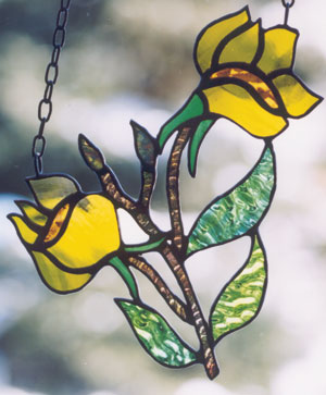 ‘Evening Primrose’—a sample from Gina’s Northern Wildflowers Collection, one of the stained glass series that she has designed. 