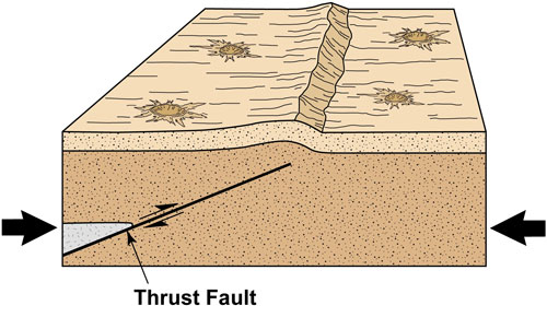 A thrust fault develops when the crust of the moon is compressed. The fault pushes one part of the surface above the rest, creating a steep slope, or scarp (from ref. 3.)