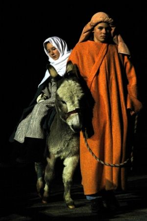 Joseph with Mary on a donkey