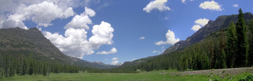 Figure 3. Soda Butte Valley, northeast Yellowstone Park, USA, showing 1,200 m of channelized erosion in the horizontally bedded Absaroka Volcanics, a redeposited volcanic breccia. Vertical and horizontal trees, the so-called multiple petrified forests of Yellowstone Park, are found at many locations within the breccia.