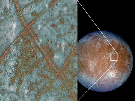 The ice that covers Europa, the tiny moon of Jupiter, is believed to contain sulphuric acid, making exploration by landing probes hazardous.