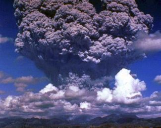 Volcanoes expel huge quantities of ash, blocking the sun and cooling the atmosphere. 