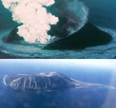 Top: Surtsey shortly after it began erupting in 1963. Bottom: Surtsey in 1999. Notice the many ‘old-looking’ features on this young island.